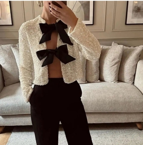 H&M viral white sequin black bow ribbon tie front cardigan sweater - Picture 5 of 16